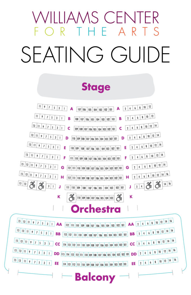 Williams Center for the Arts seating map, orchestra and balcony, reflecting Summer 2021 theater renovation