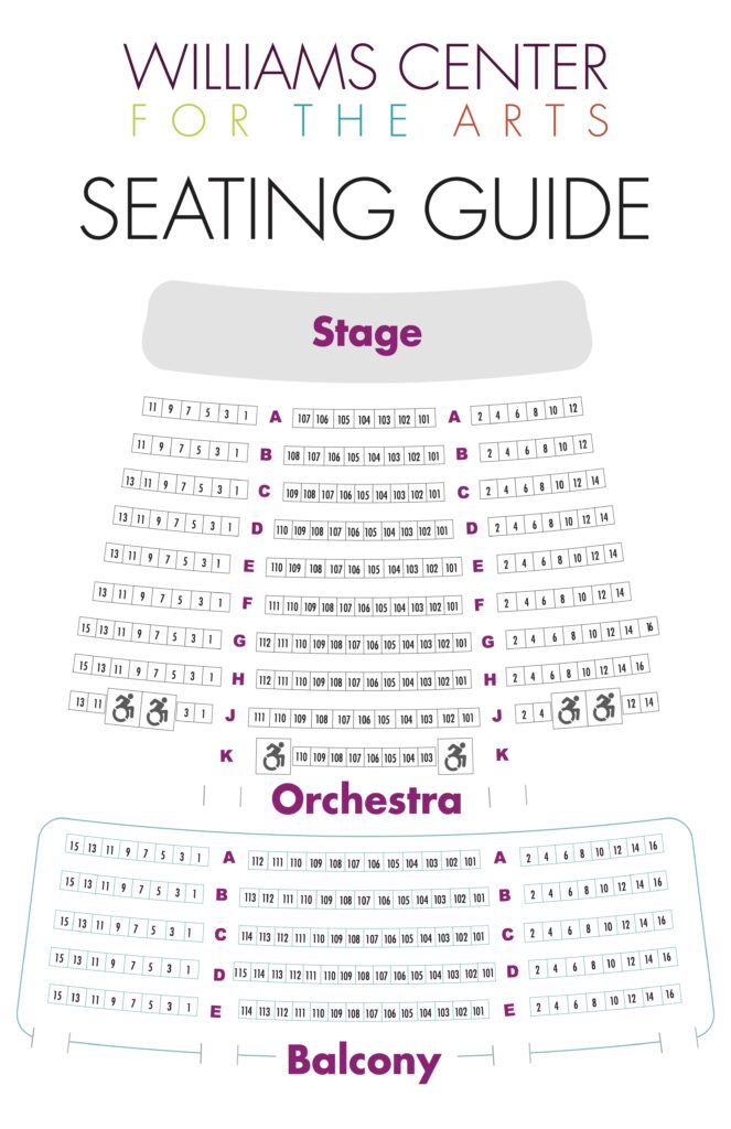 Williams Center for the Arts Seating Map, orchestra and balcony, reflecting Summer 2021 theater renovation